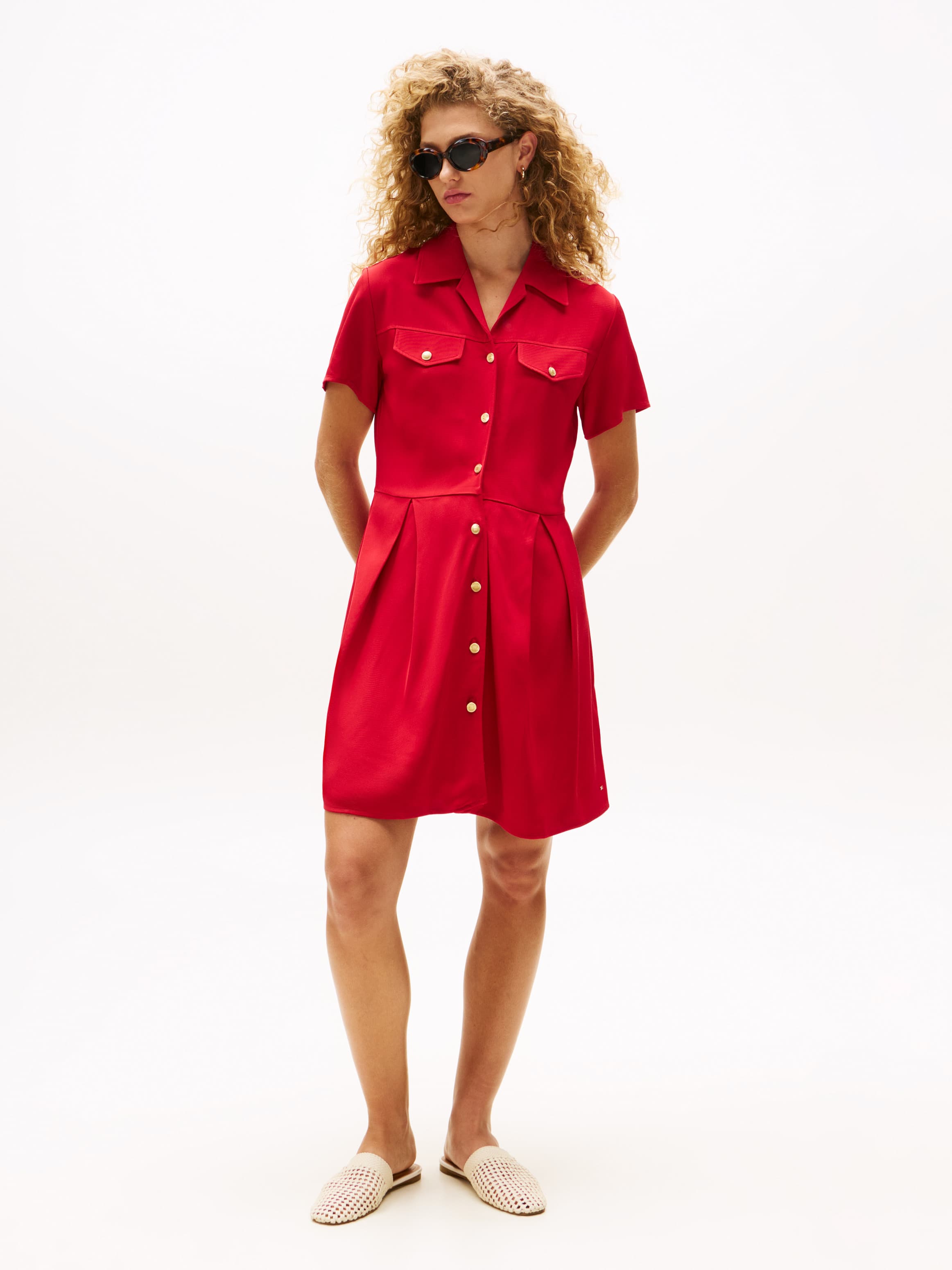 Gold-Tone Button Mini Shirt Dress