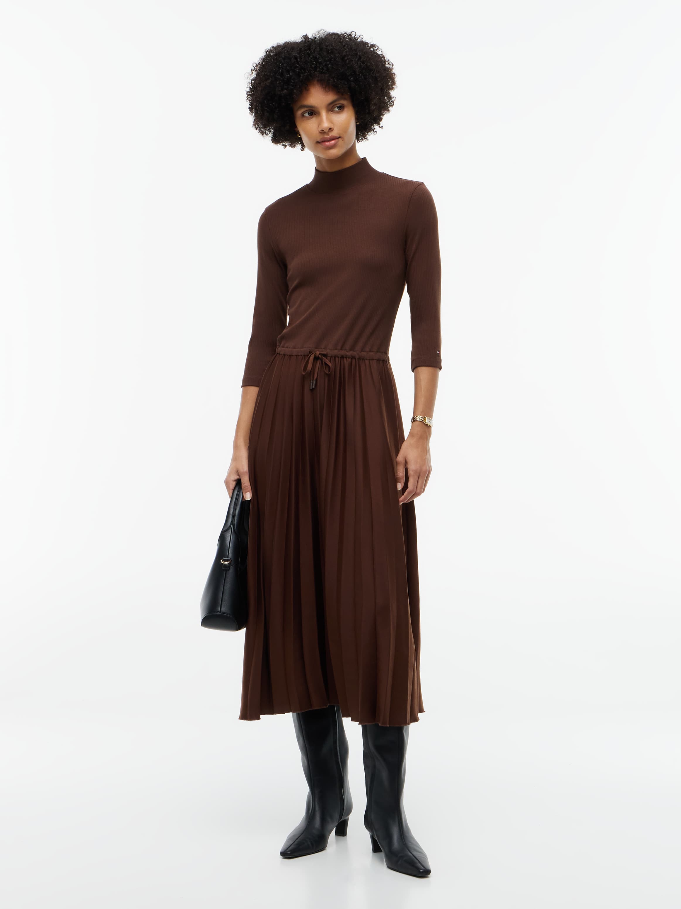 Ribbed Pleated Slim Midi Dress