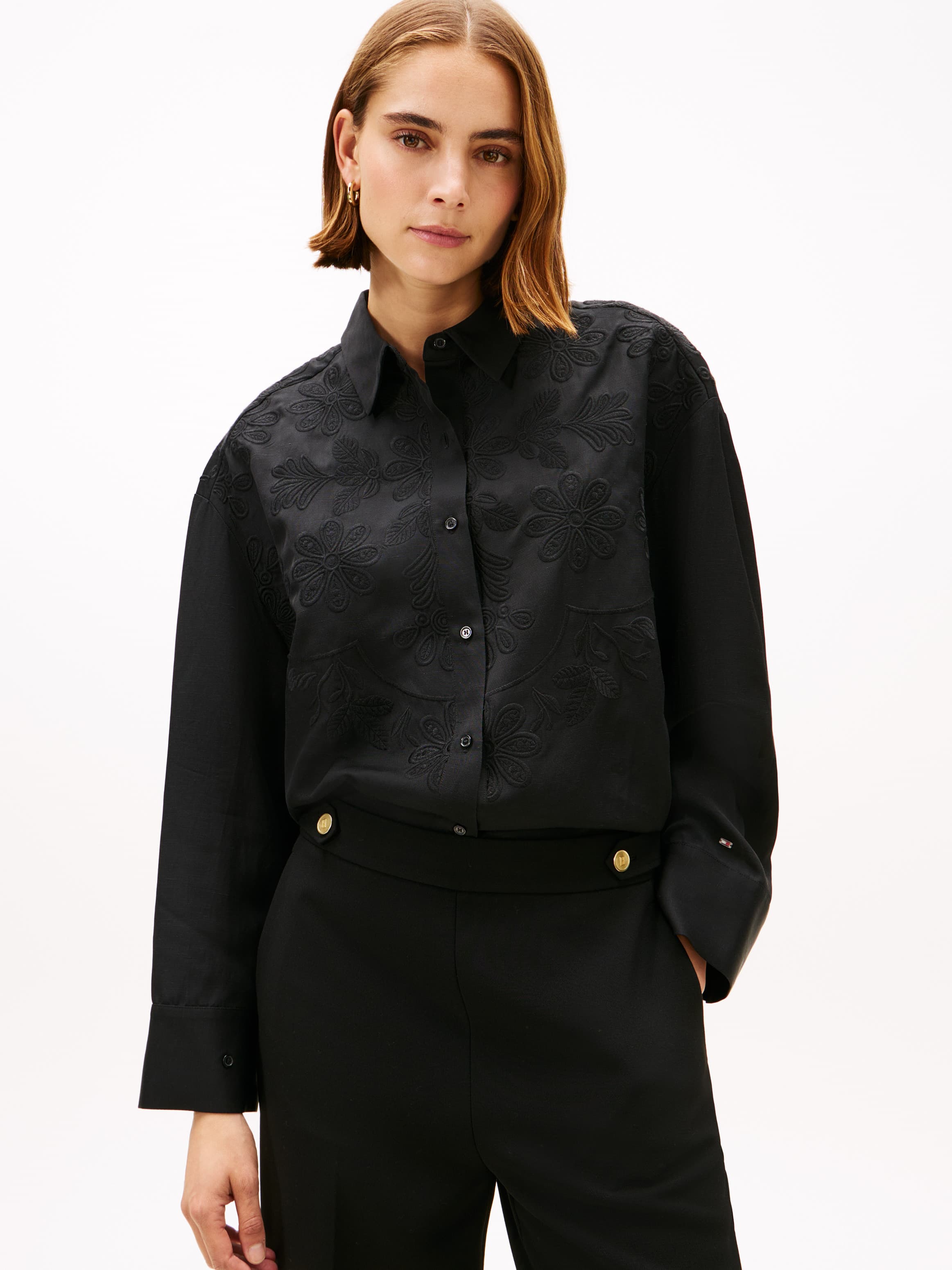 Floral Embroidery Oversized Fit Shirt with Linen