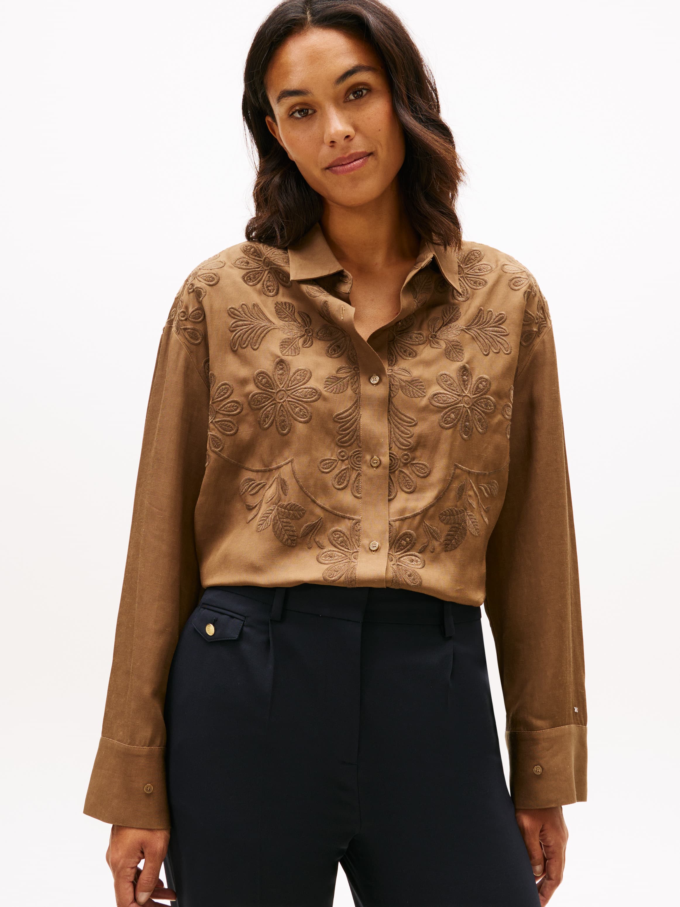 Floral Embroidery Oversized Fit Shirt with Linen