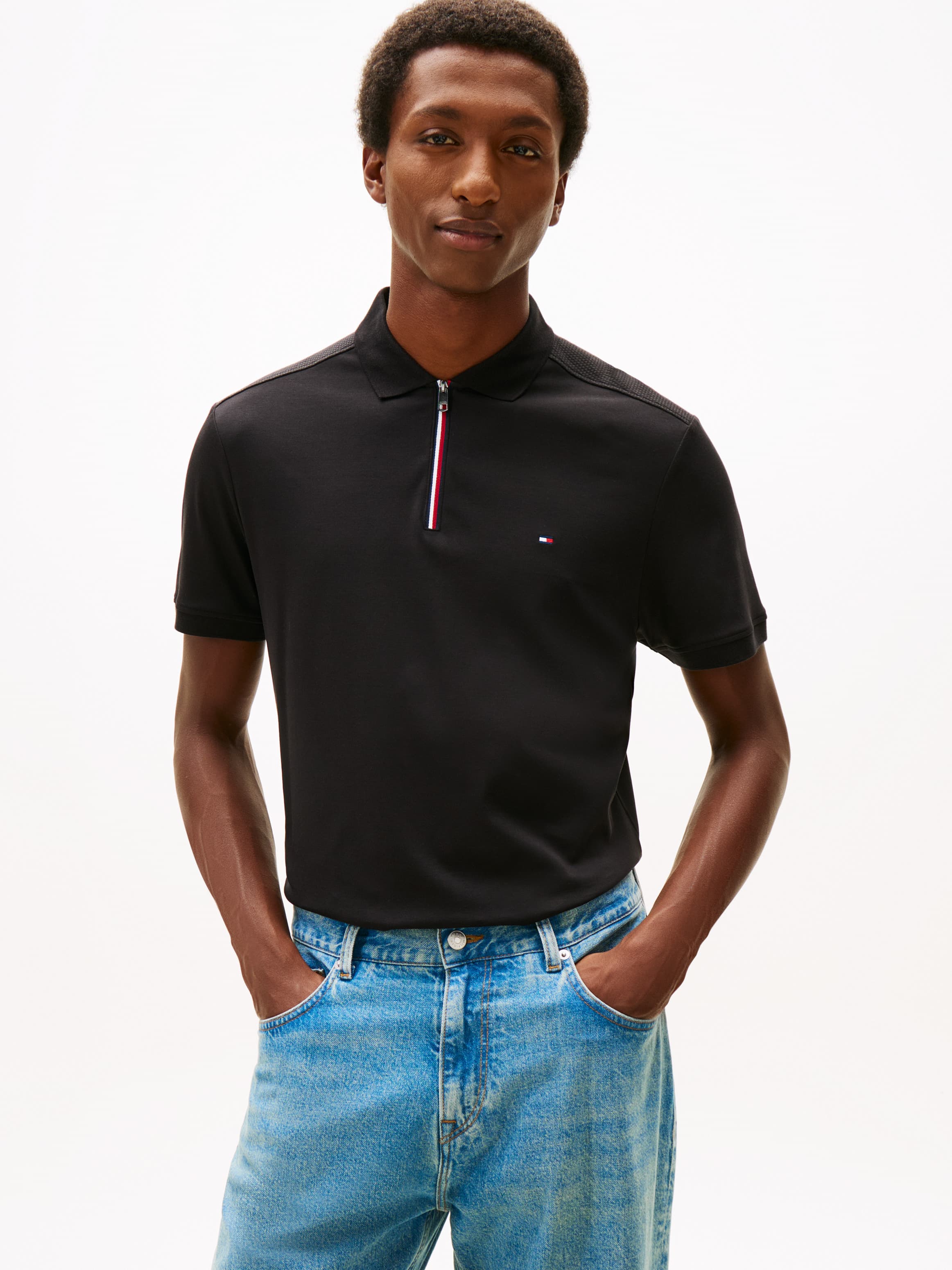 Liquid Cotton Red White and Blue Zipper Short Sleeve Polo T-Shirt
