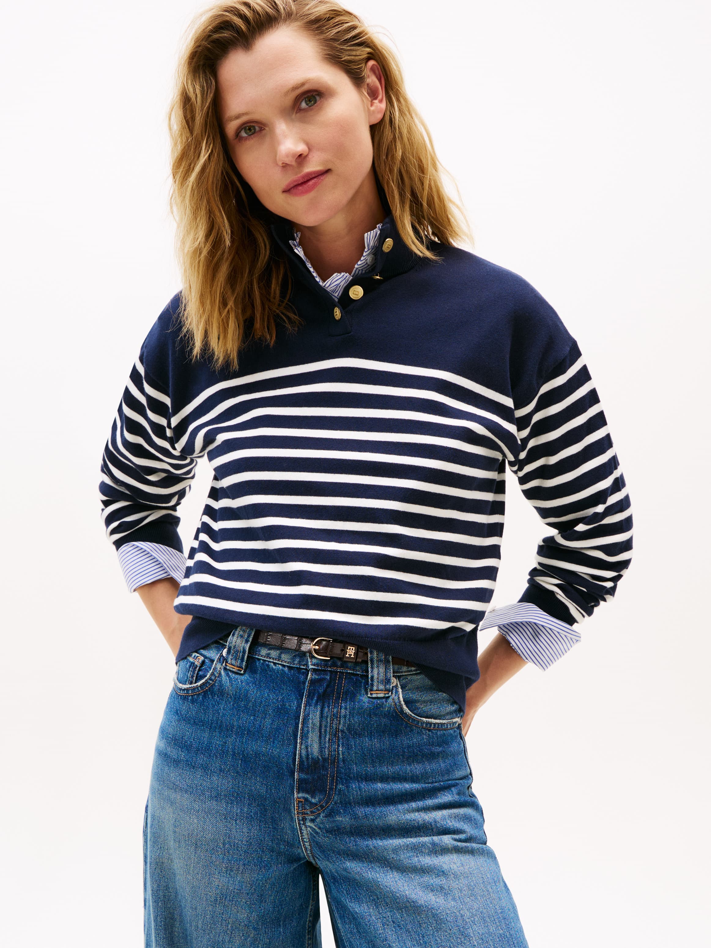 Stripe Gold-Tone Button Mock Neck Jumper