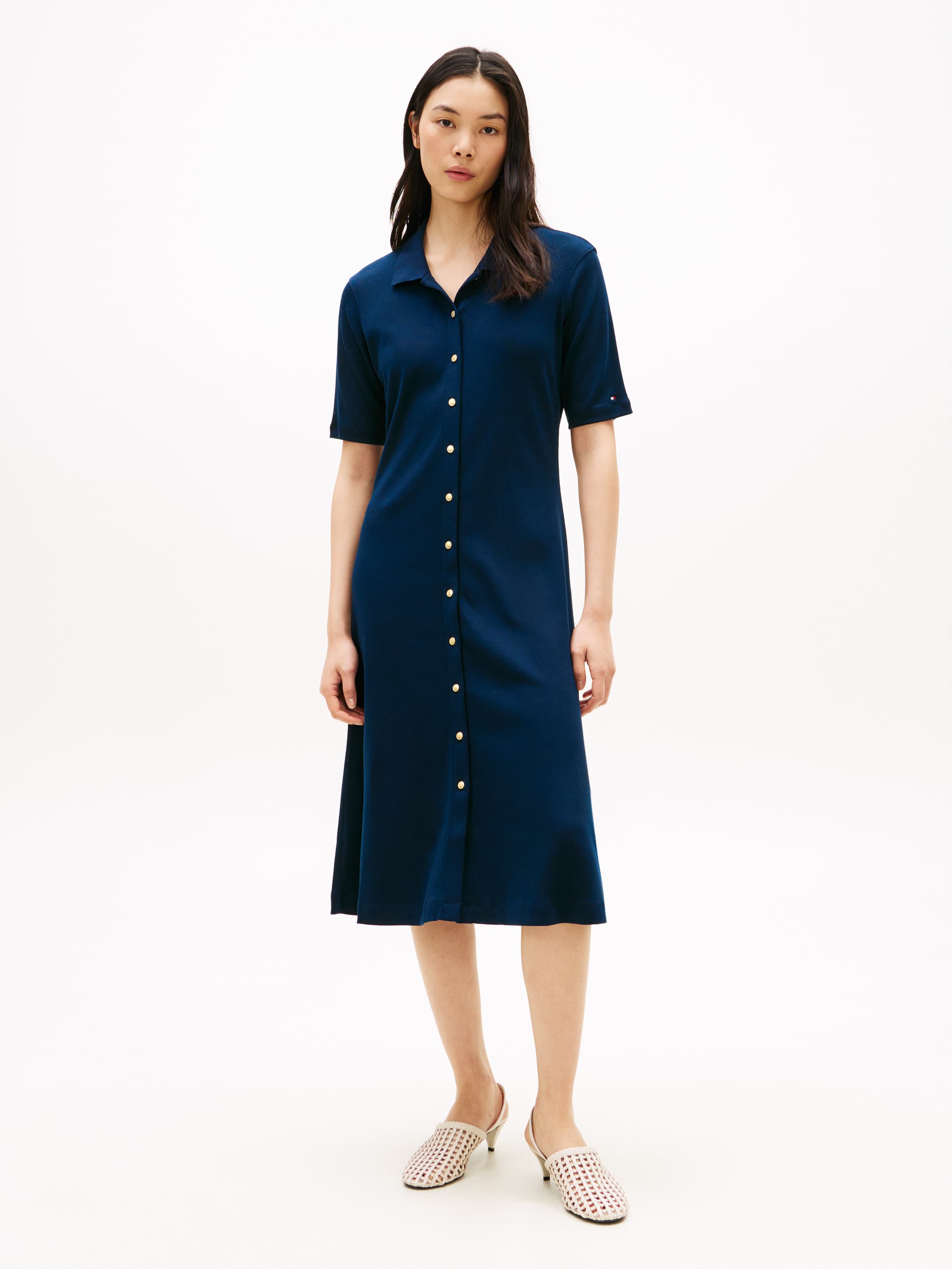 Gold-Tone Button Midi Polo Dress